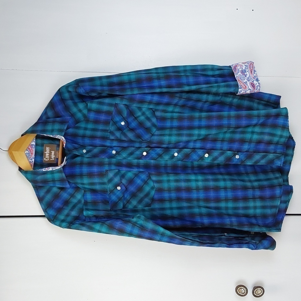 Cowboy Legend Mens Blue/ Green Vibrant Plaid western pearl Snap Shirt Sz.L